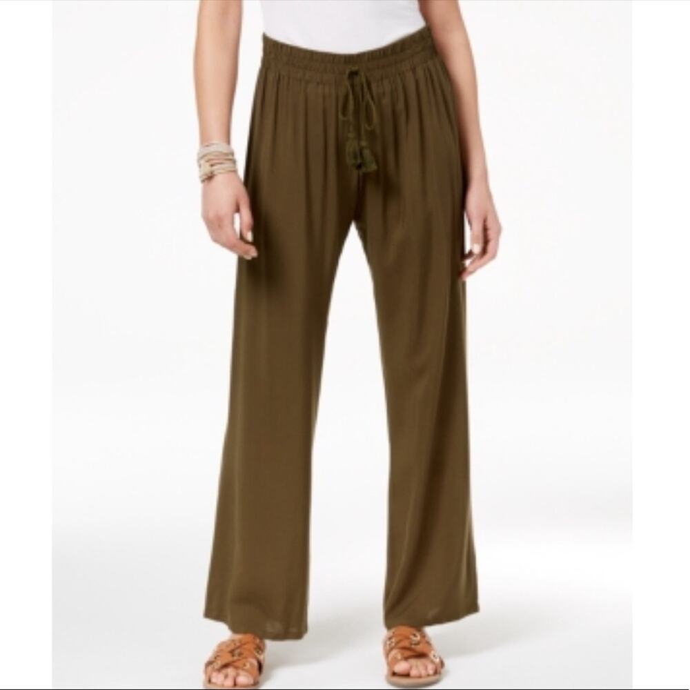 Be Bop Olive Green Palazzo Pants Pull On Wide Leg Rayon Boho Size Large - Picture 2 of 6